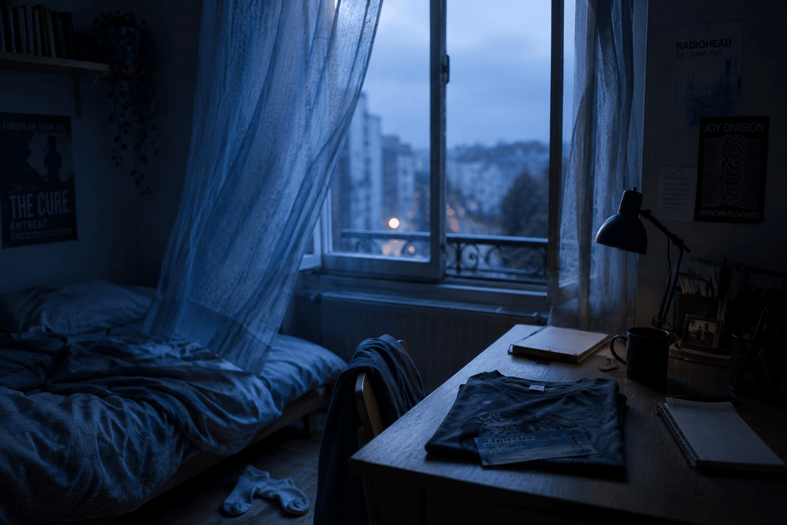 Habitación en tonos azules con una cama deshecha, un escritorio y una ventana abierta al anochecer.