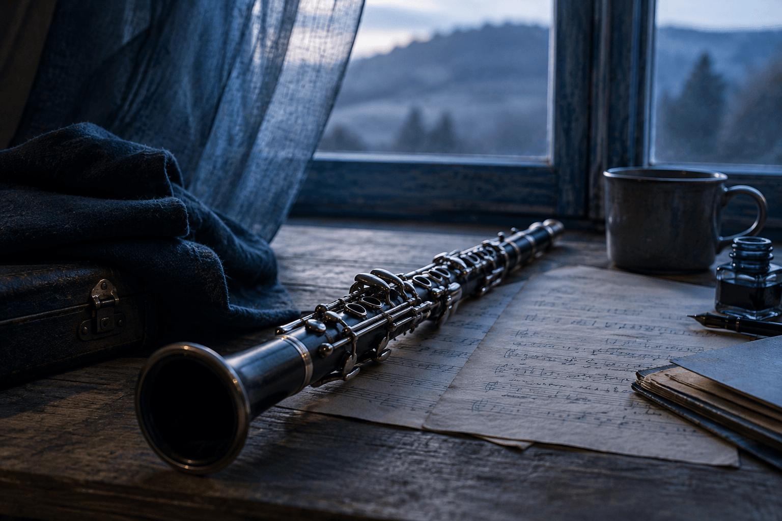 Clarinete antiguo sobre una mesa de madera con partituras manuscritas y luz entrando por una ventana.