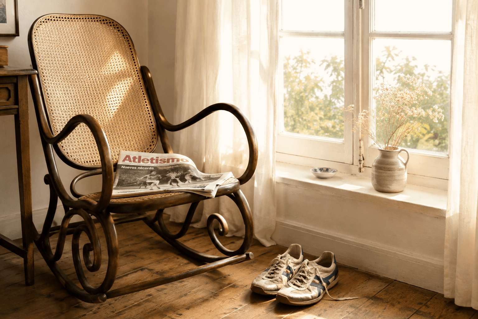 Mecedora junto a una ventana con una revista deportiva y unas zapatillas de atletismo.