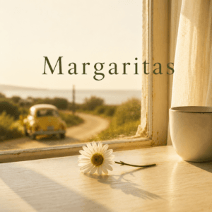 Portada del relato «Margaritas», con una margarita y un coche amarillo en un paisaje de verano.