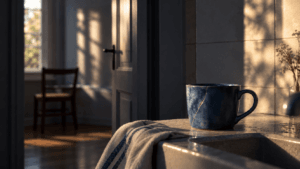 Taza azul con una grieta sobre el fregadero de una cocina, iluminada por la luz de la tarde.