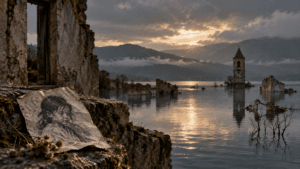 Paisaje de un pueblo inundado, con un campanario parcialmente sumergido y un dibujo a carboncillo de una niña sobre unas ruinas de piedra junto al agua.