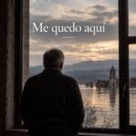 Hombre de espaldas frente a una ventana, contemplando un pueblo parcialmente inundado y el campanario que emerge del agua.